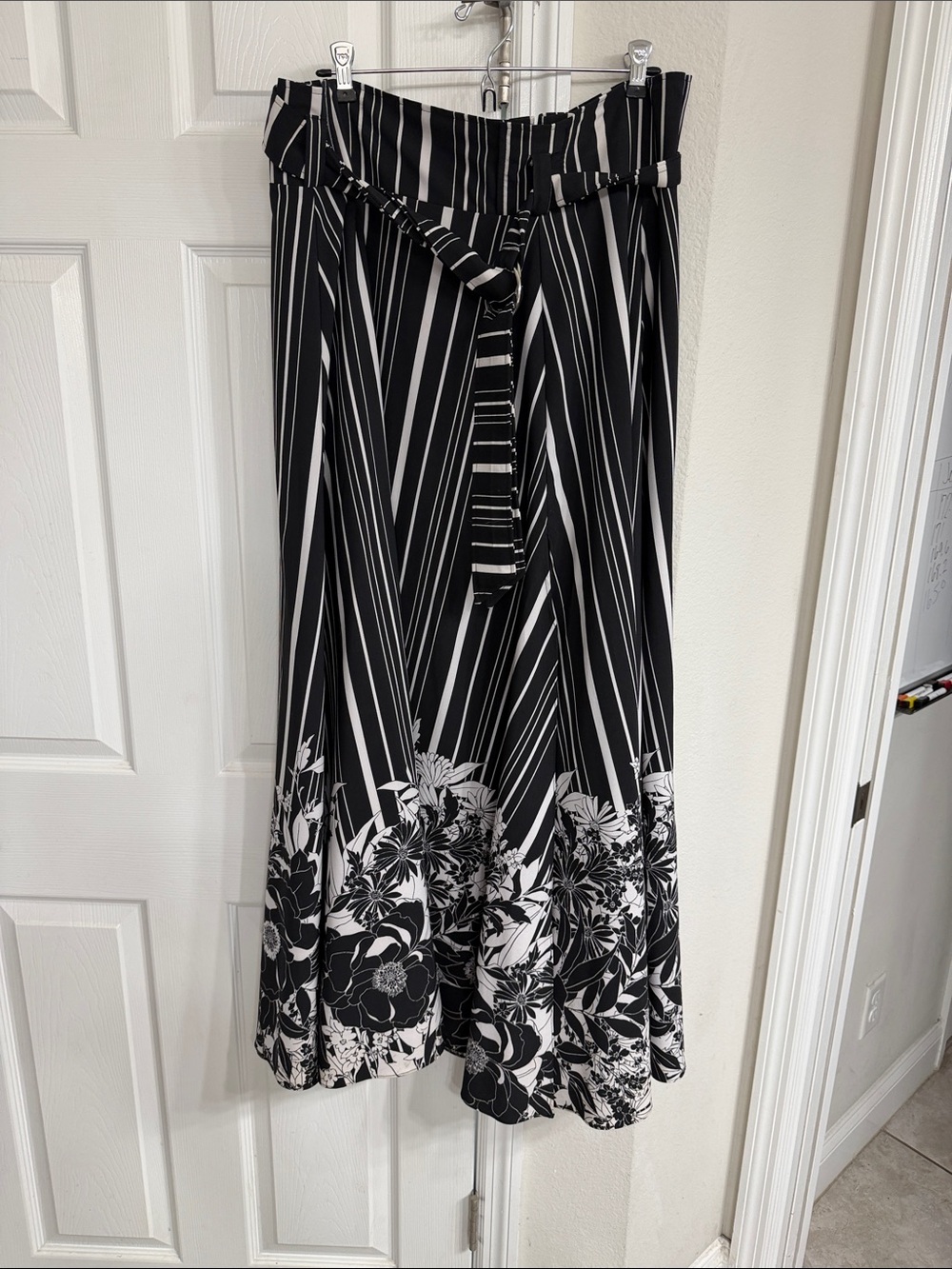 Black and White Striped Floral Midi Skirt with Belt